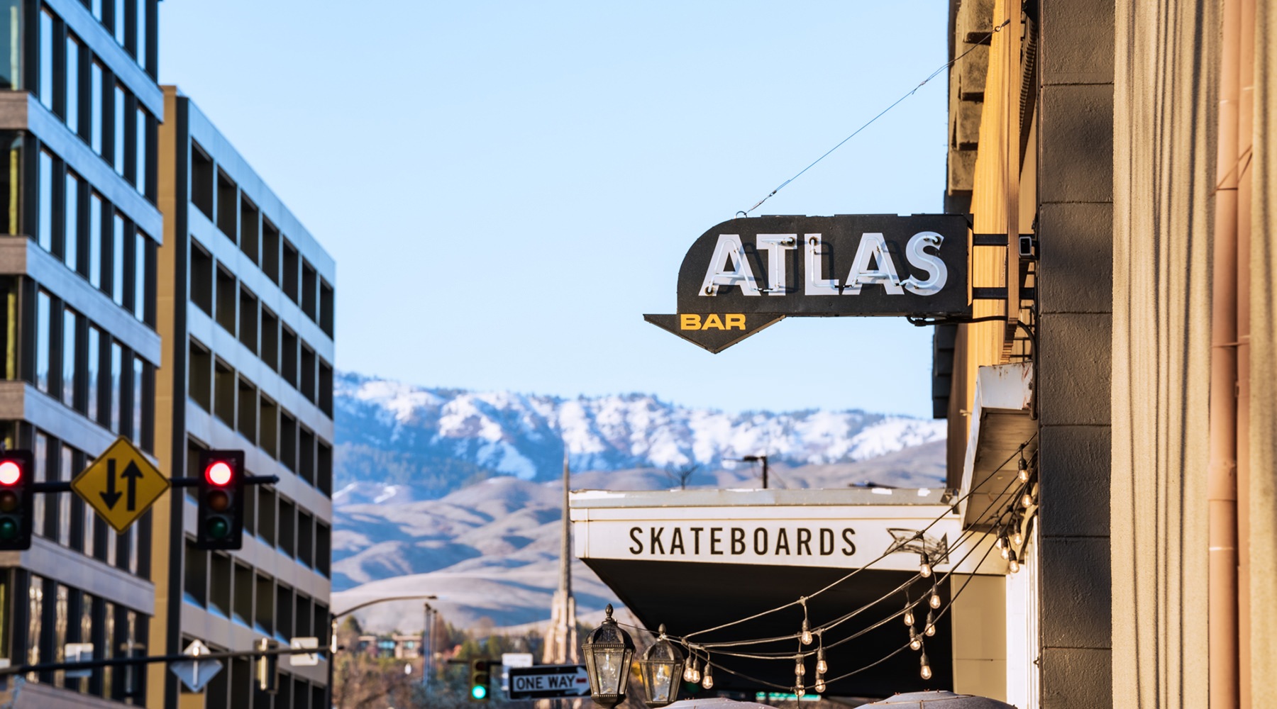 image with main street view to mountains